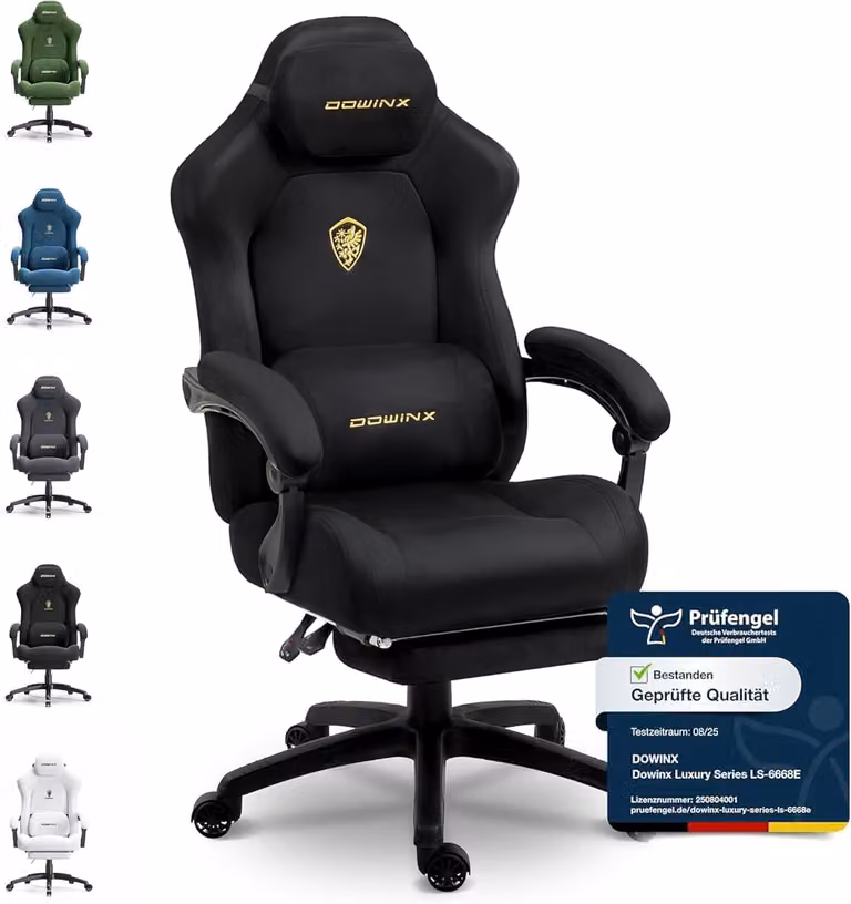 Sedia da gaming ergonomica con supporto lombare, rivestita in velluto, imbottitura spessa, poggiapiedi, braccioli regolabili e inclinazione fino a 160°. Colore: nero