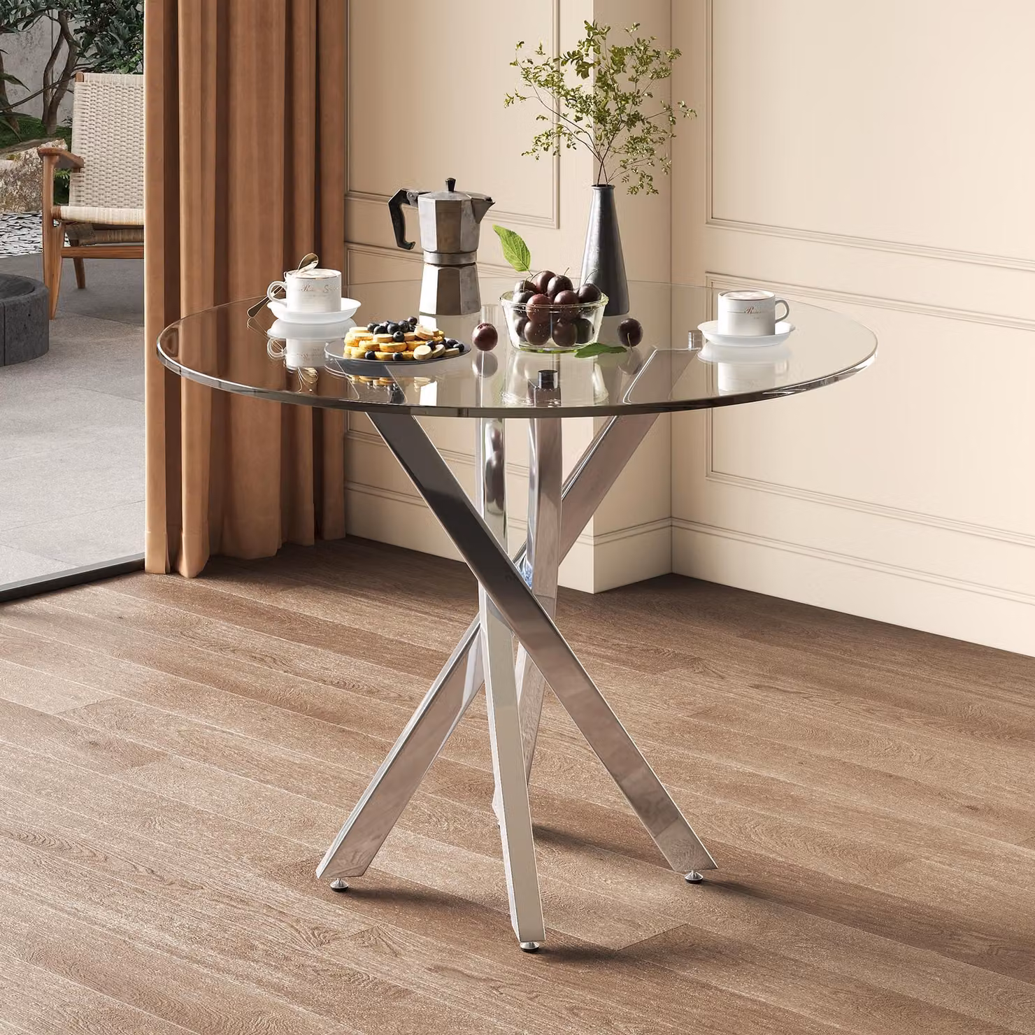Tavolo da pranzo rotondo Sweiko, piano in vetro temperato 80x80x75, tavolo da pranzo moderno, gambe del tavolo zincate, tavolo da caffè/tempo libero, tavolo da pranzo semplice moderno, argento