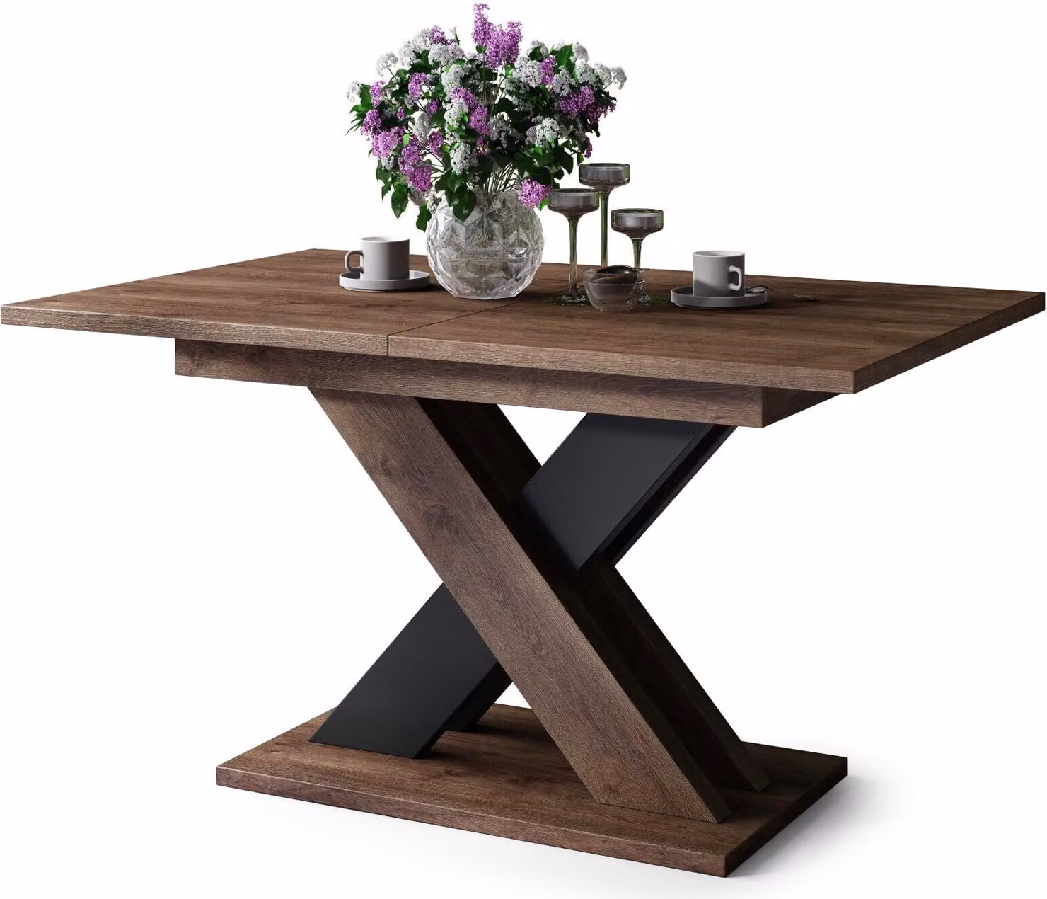 Tavolino All4All Katris, tavolino da soggiorno, tavolino da caffè, tavolo con gambe a forma di "X", estendibile, tavolo da pranzo, coffee table, 140x90 cm, rovere marrone e nero