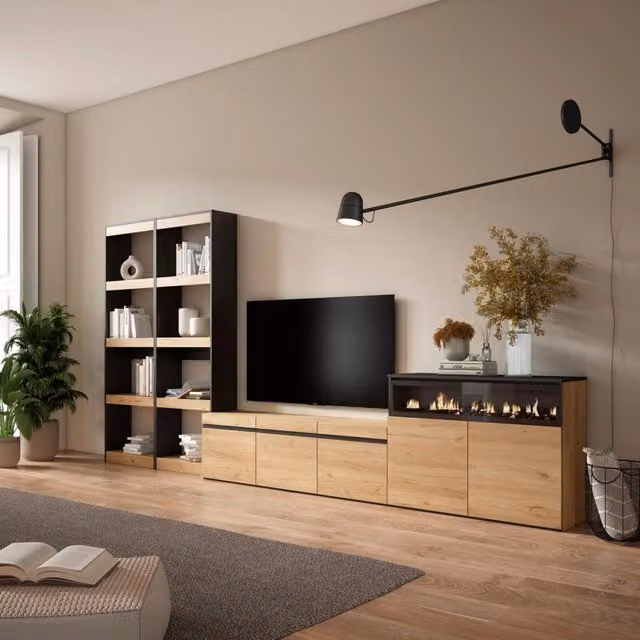 Mobile TV da soggiorno SKRAUT HOME con camino elettrico per TV fino a 65 pollici, colore Rovere e nero, L: 370 cm, P: 35 cm, H: 186 cm – 1