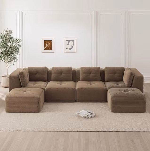 Divano angolare modulare a U con pouf in velluto a coste; marrone