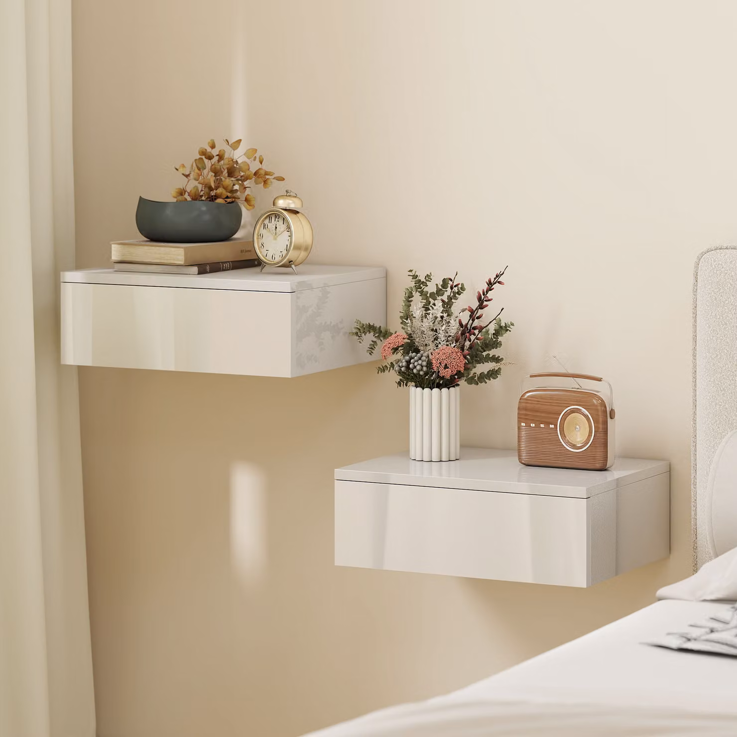 Set da 2 Comodini Sospesi HOMCOM con Cassetto per Camera da Letto, Design Moderno Bianco, L 40 x P 30 x H 14 cm – 2