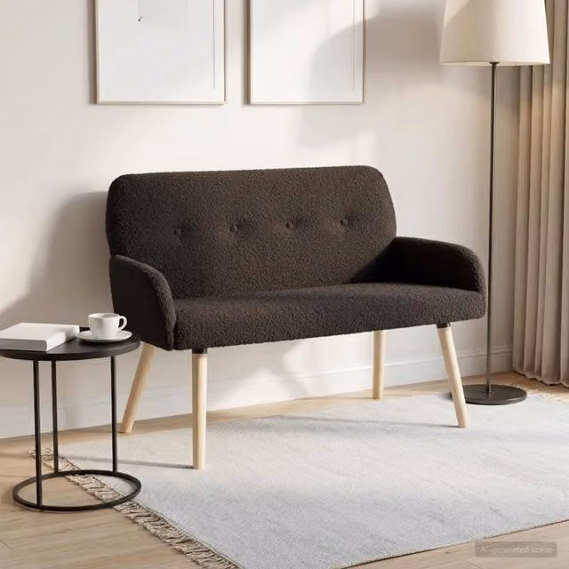 Divano a 2 posti moderno vidaXL in tessuto bouclé nero con gambe in legno e metallo L: 115 cm, P: 86 cm, H: 58 cm