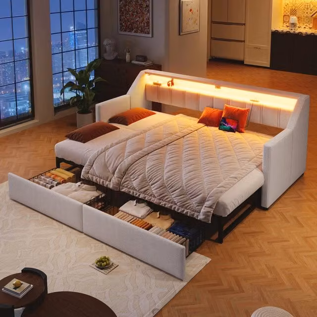 Letto Contenitore Estraibile con LED e Cassetti ¨C MINIMAL ¨C Beige 90x200