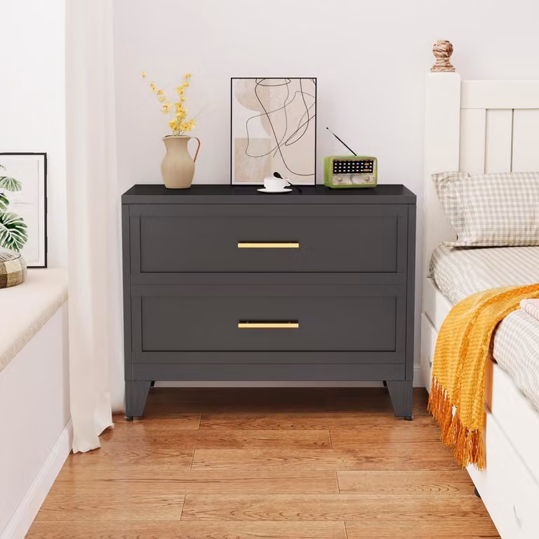 Comodino in metallo con 2 cassetti, colore nero, dimensioni 60 x 67 cm, realizzato in acciaio laminato a freddo
