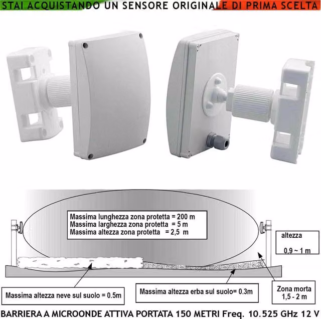 Barriera Microonde Securvera con Sensore Orientabile per Protezione Lineare Esterna, Colore Bianco, Portata Max 150 x 4 Metri, Collegamento Antifurto Via Filo, Alimentazione 12V