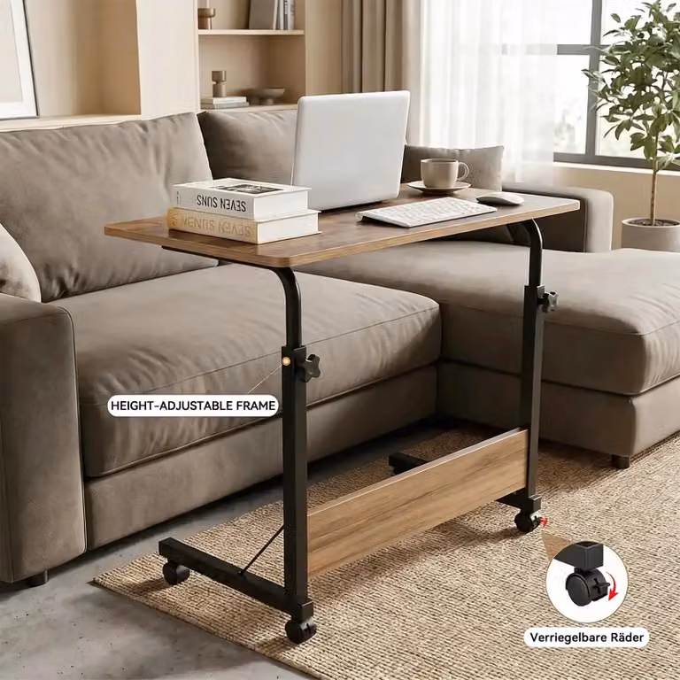 Tavolino a forma di C - Tavolino per divano con rotelle - Altezza regolabile - Struttura in bambù - Piano in legno - Salvaspazio - Con rotelle