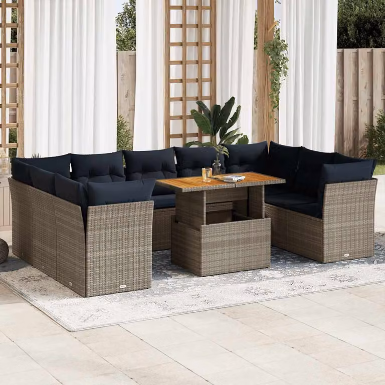 Set Divano da Giardino vidaXL 10 pz in Polyrattan e Legno di Acacia con Cuscini Grigio e Blu