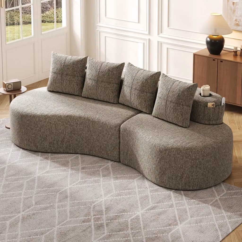 Divano moderno REDOM in lino beige con 4 cuscini e portabicchieri L: 240 cm, P: 109 cm, H: 60 cm – 2