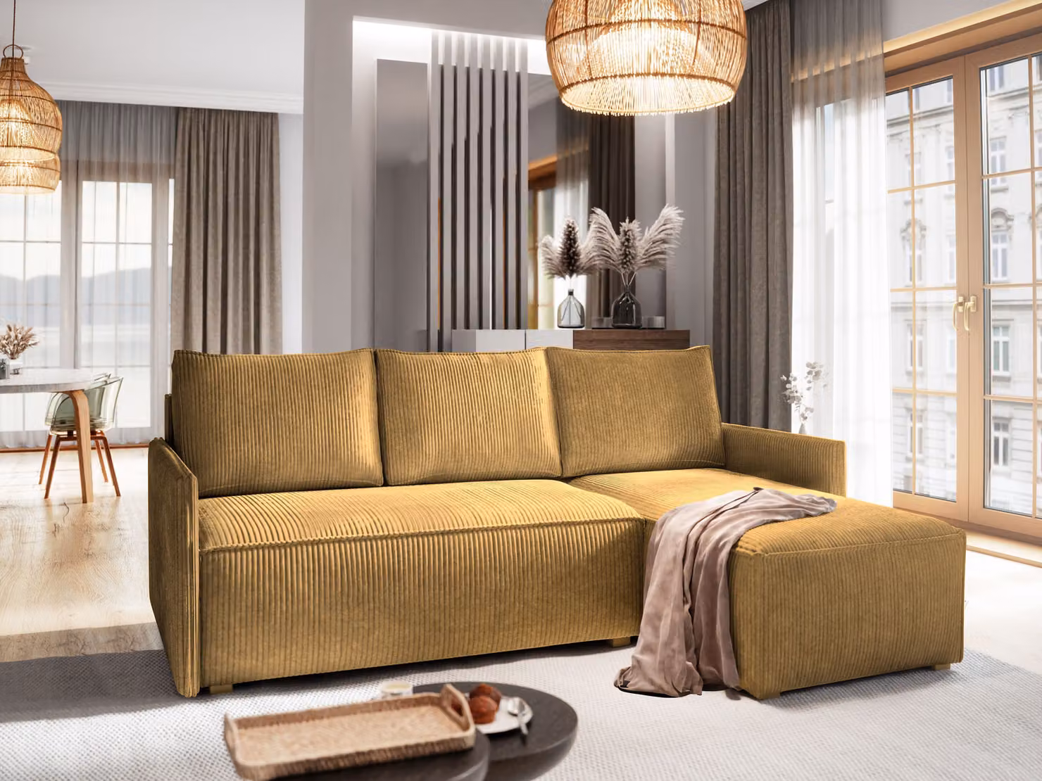Divano angolare Masseno PERUSI con funzione letto a L, divano con box letto, divano da salotto, divano, divano, divano letto, set di divani - giallo, POSO 01