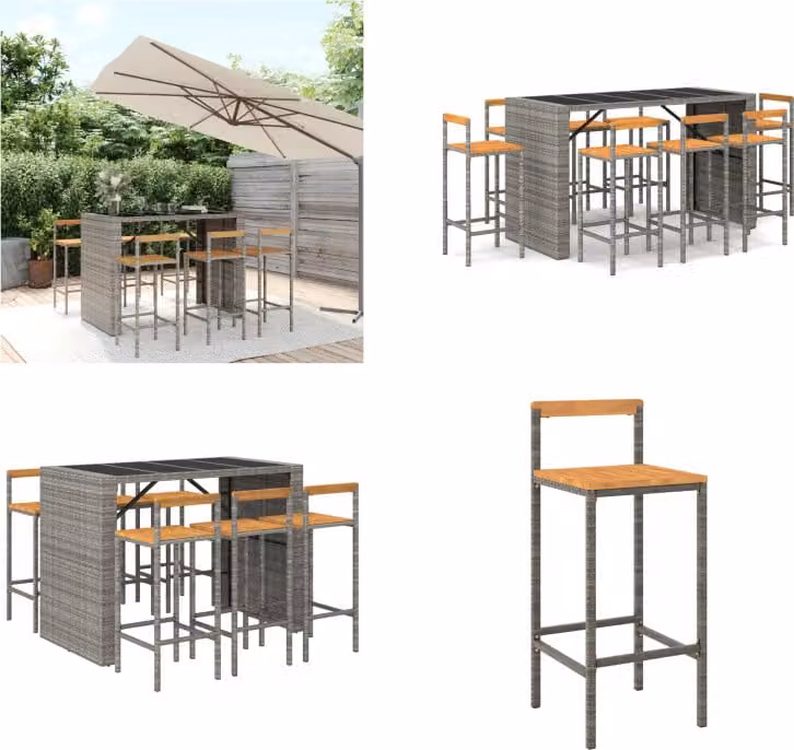 vidaXL Set bar da giardino 7 pezzi in poly rattan grigio e legno massiccio di acacia - Set bar da giardino - Set bar da giardino - Set bar da giardino - Bar da giardino