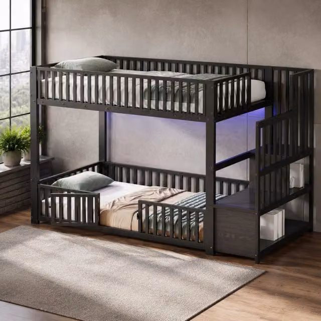 Letto a castello basso 90x200 cm con scala contenitore; LED e protezioni; MDF e metallo; nero