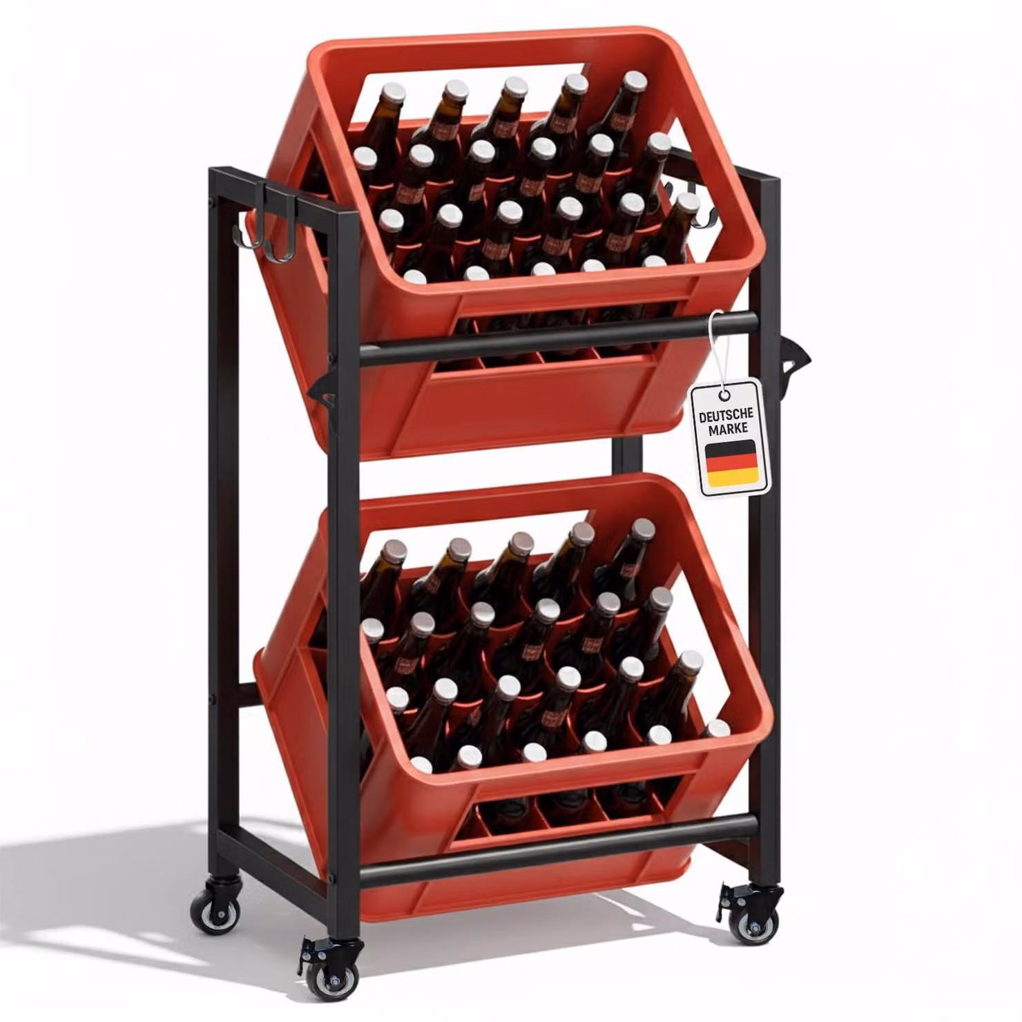 Portabottiglie Roxlin per 2 casse – Scaffale in metallo robusto con ruote, ganci e apriscatole, supporto mobile per casse di birra e acqua