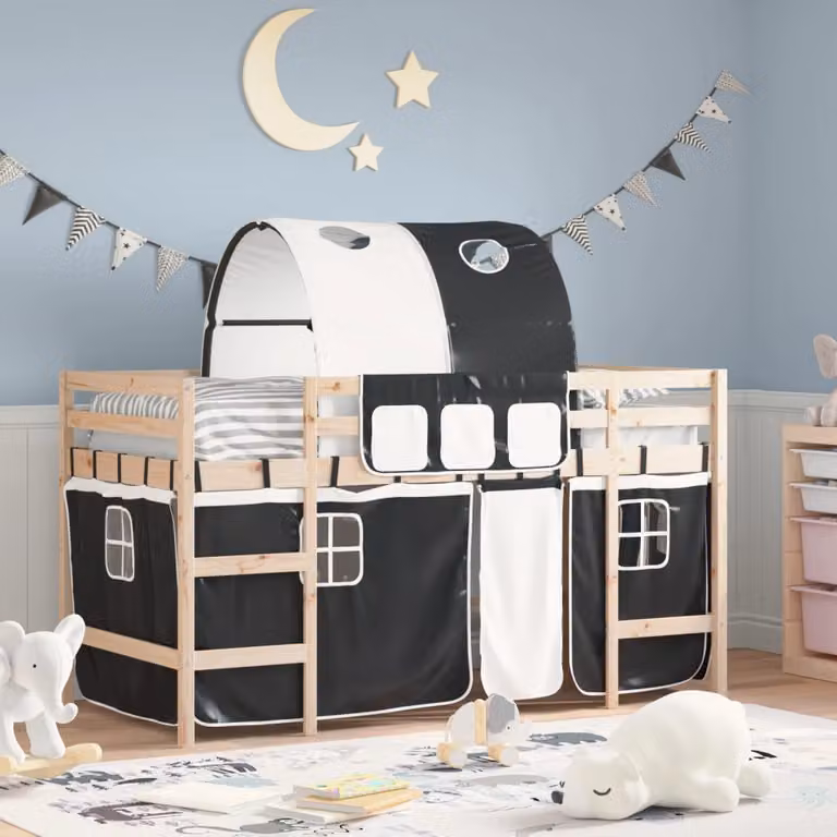 vidaXL Letto a Soppalco per Bambini in Legno di Pino Bianco e Nero L: 200 cm, P: 80 cm, H: 113,5 cm