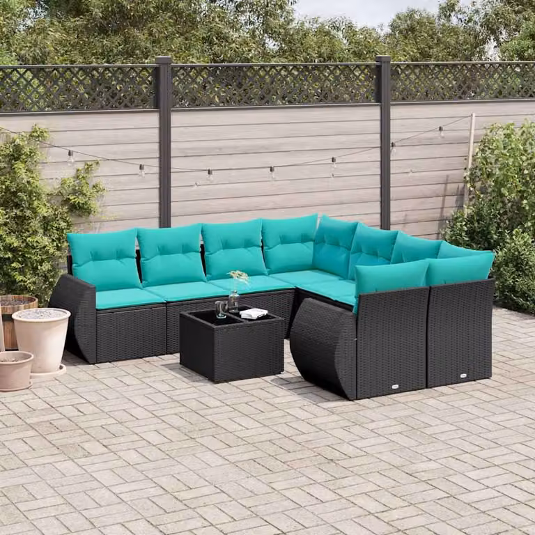 Set Divani da Giardino vidaXL 9 pz a forma a U in Polyrattan con Cuscini e Tavolino da Caffè Nero