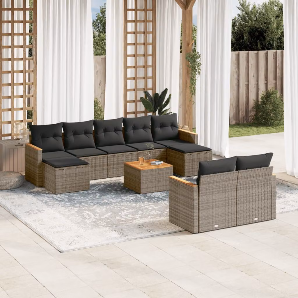 Set Divano da Giardino vidaXL 10 pz in Polyrattan Grigio con Cuscini e Tavolino – 1