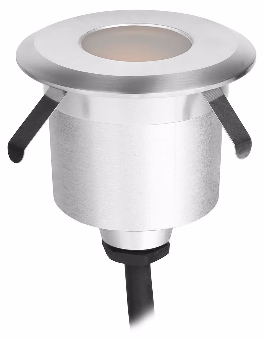 Lampada da incasso a pavimento, LED 2W, per uso esterno, grado di protezione IP65-IP67, luce bianco caldo 3000K, realizzata in alluminio e policarbonato, design compatto da 59mm, interruttore on/off, illuminazione sicura ed elegante