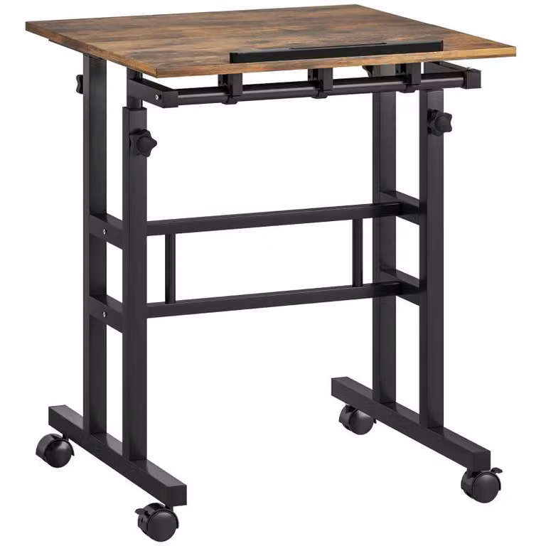 Scrivania regolabile Moonbite, altezza da 70,5 a 120 cm, piano inclinabile da 0° a 45° con blocco, ripiano, 4 ruote, realizzata in MDF e acciaio, portata massima 100 kg, colore marrone rustico