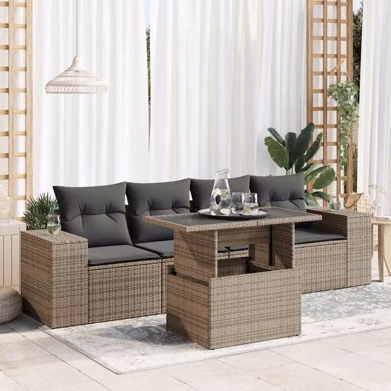 Set Divano da Giardino vidaXL 5 pz a Forma a L con Cuscini Grigio e Tavolino da Caffè in Polyrattan e Acciaio