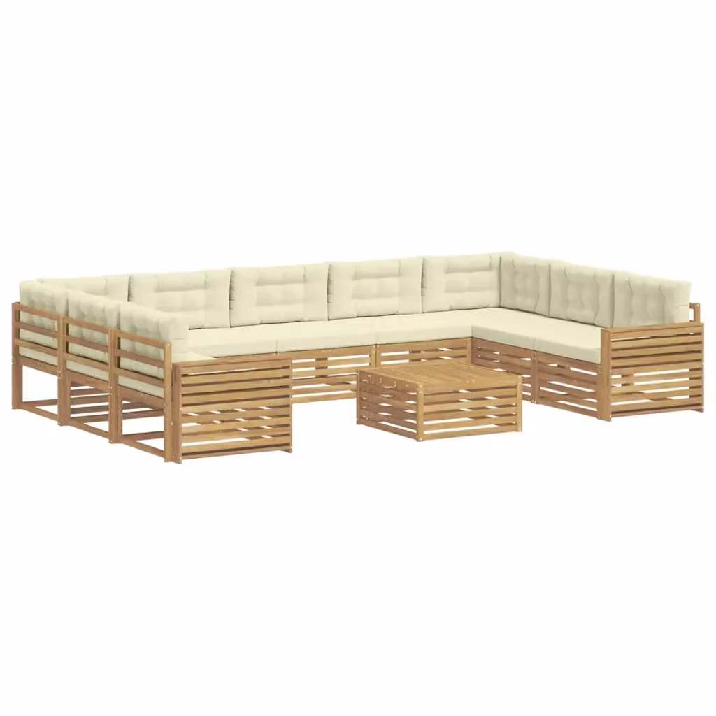 Set di divani da esterno a L con tavolino vidaXL in legno di acacia, colore bianco e beige, composto da 10 pezzi con cuscini inclusi – 2