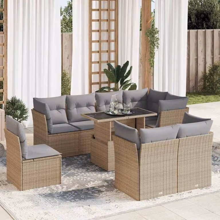 Set Divano da Giardino vidaXL 9 pz a forma a U con Cuscini Beige e Tavolino in Polyrattan e Metallo