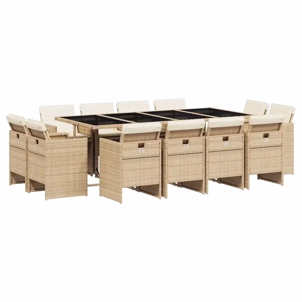 vidaXL Set da Pranzo da Giardino 13 pz in Polyrattan con Cuscini Beige e Piano in Vetro – 2