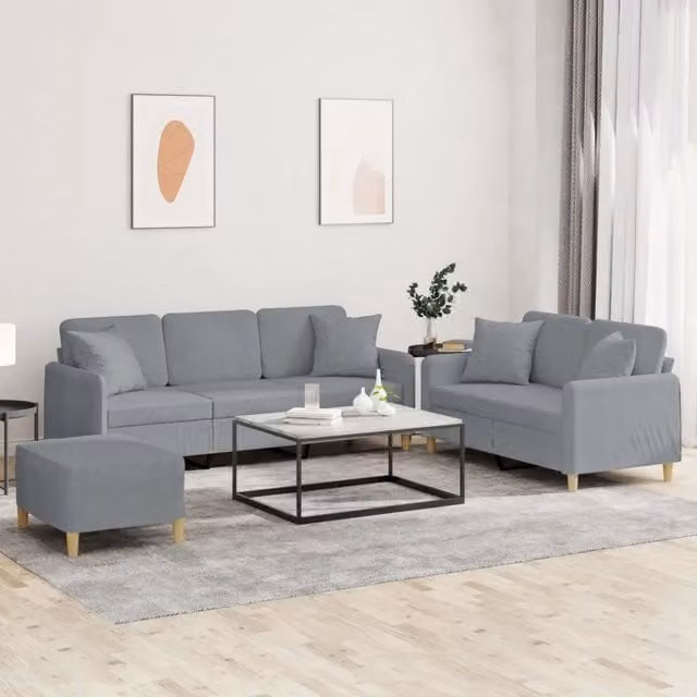 Set di Divani 3 Pezzi vidaXL con Pouf e Cuscini in Tessuto Grigio per Soggiorno Moderno – 1