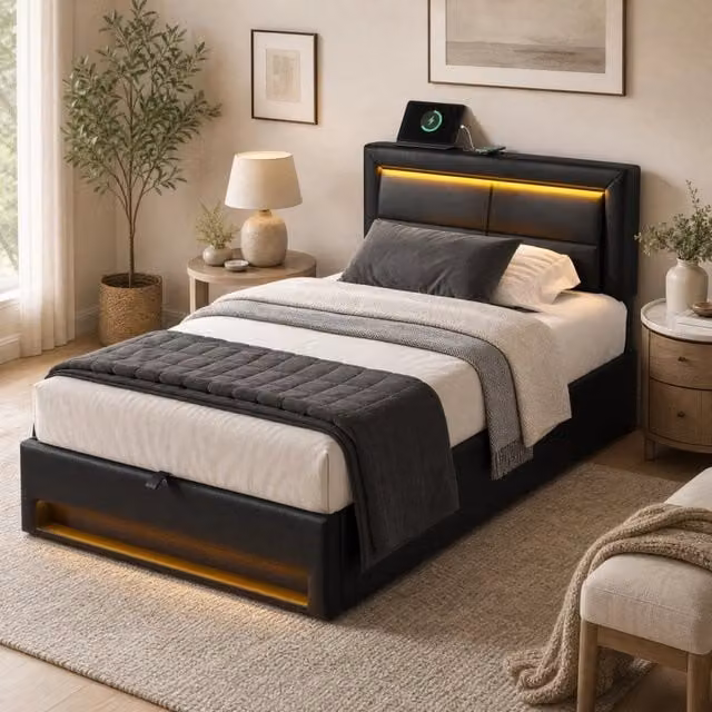 Letto singolo con contenitore Mivray nero imbottito in ecopelle con illuminazione LED, porte USB e ricarica wireless, L/P: 90 x 200 cm