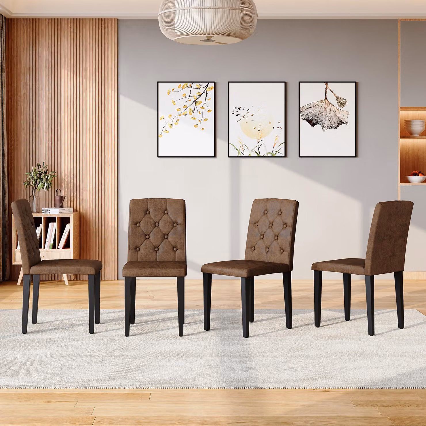 Set di 4 sedie da pranzo, stile retrò, aspetto velluto, tessuto plastico, gambe in metallo (marrone e nero)