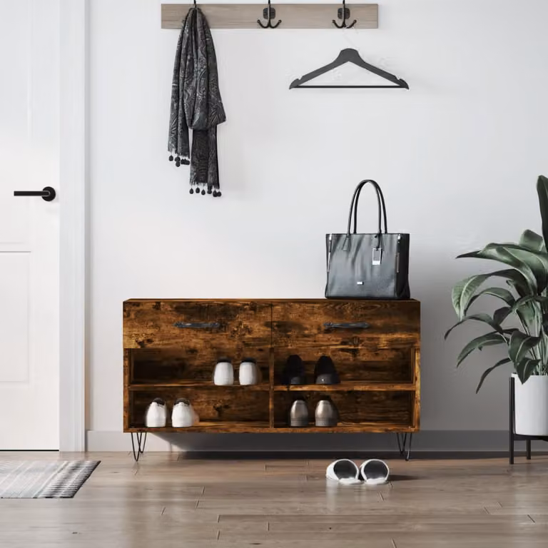 Panca porta scarpe vidaXL in legno e metallo stile industrial, colore rovere fumo, L 102 cm x P 35 cm x H 55 cm