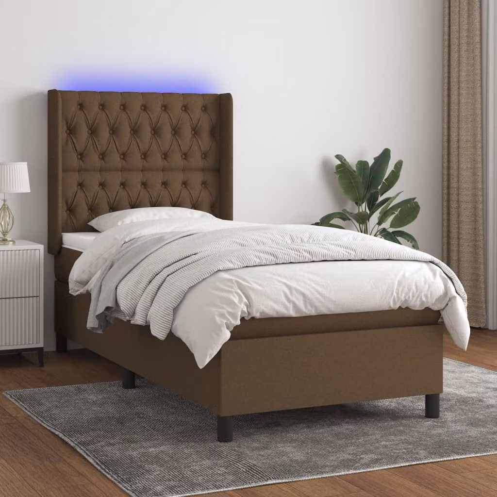 Letto a Molle con Materasso e Illuminazione LED vidaXL in Tessuto Marrone Scuro L/P/H: 90 x 190 cm – 1