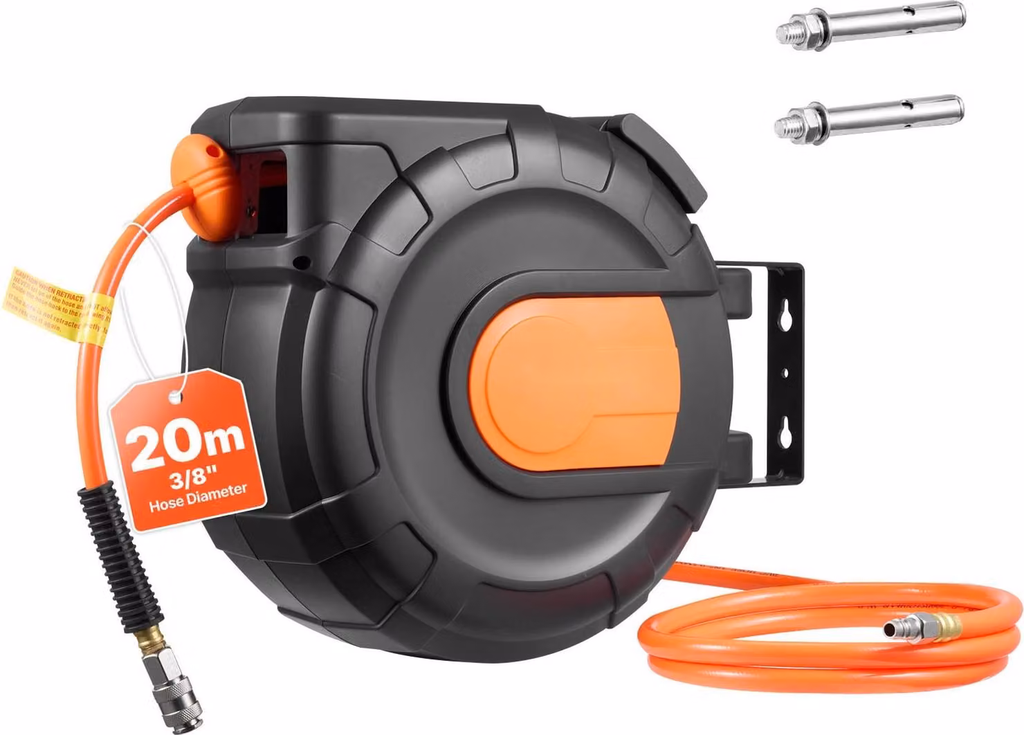 Avvolgitubo per aria compressa - Avvolgitubo automatico - Tubo in PVC 20 m, 9,5 mm - Fino a 20 bar - Alloggiamento chiuso - Cavo di alimentazione 2 m - Supporto girevole per parete/soffitto 180°
