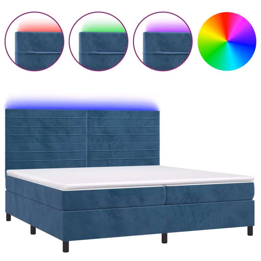 Letto a Molle con Materasso e LED Blu Scuro 200x200 cm