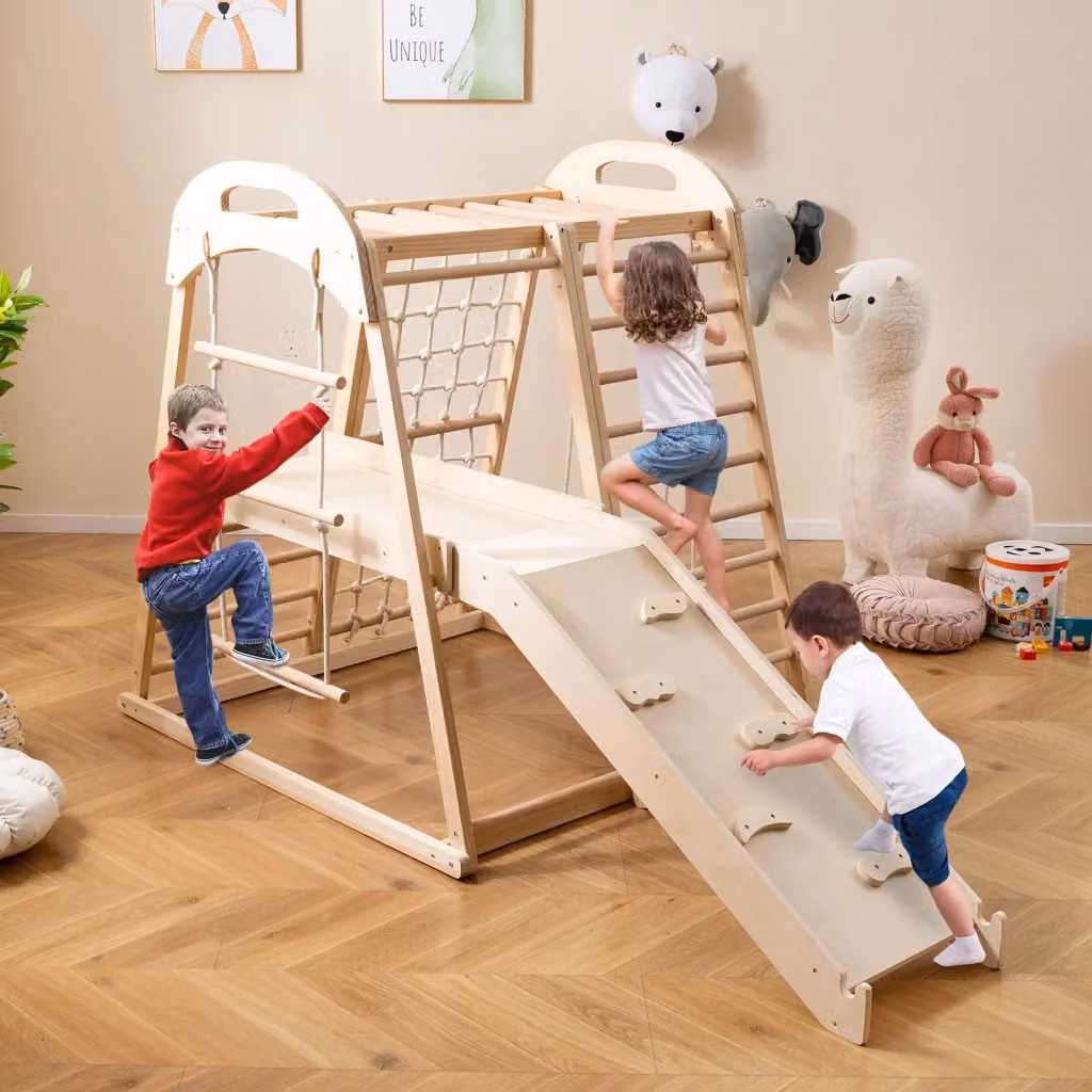 Palestra per bambini 8 in 1 Design Mania in legno naturale con scivolo, barra delle scimmie e scala a corda, L: 198 cm, P: 124 cm, H: 105 cm – 2