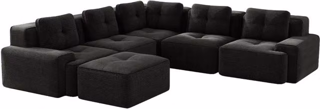 Divano modulare in velluto a coste nero con chaise longue, senza montaggio, tessuto morbido e resistente