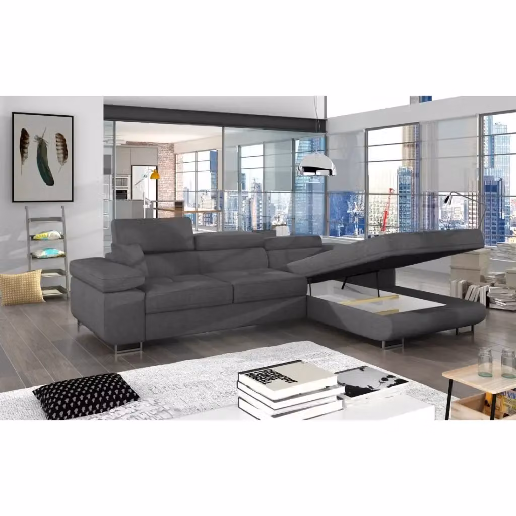 Divano angolare trasformabile MEUBLORAMA grigio con funzione letto e poggiatesta regolabile – 2