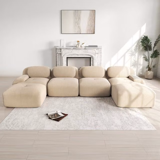 Divano angolare modulare MODFU in velluto a coste beige con design moderno e orientamento a sinistra