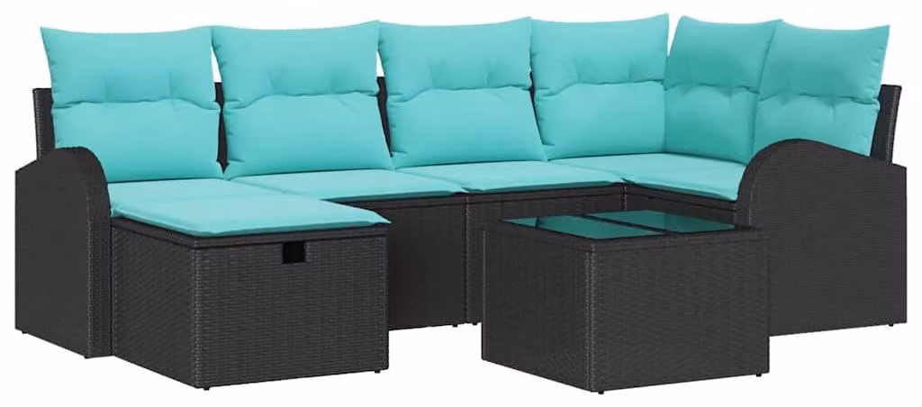 Set da giardino composto da 7 pezzi, colore nero, realizzato in rattan sintetico