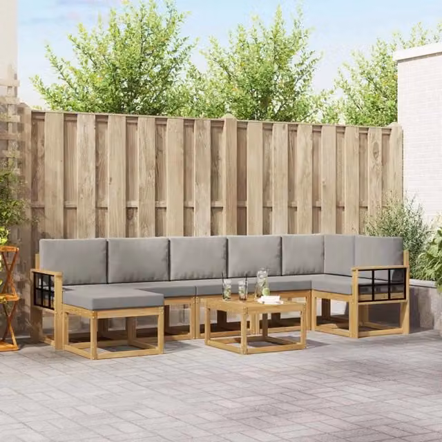 Set di divani da esterno vidaXL a forma di L composto da 8 pezzi in legno di acacia con cuscini in bianco e grigio