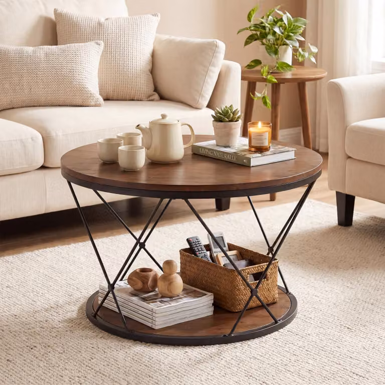 Tribesigns, tavolino rotondo da divano, 80 cm, in legno massello dallo stile industriale, con ripiano inferiore, salvaspazio per il soggiorno, colore marrone rustico e nero