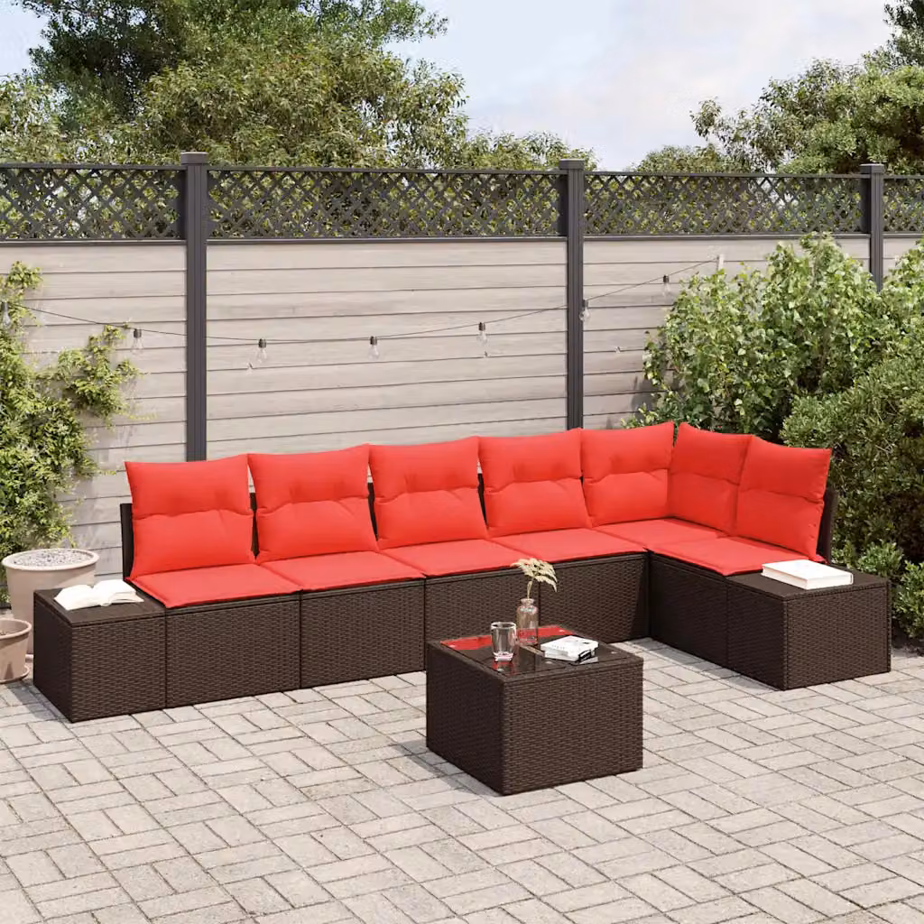 Set Divano da Giardino a L vidaXL in Polyrattan Marrone e Rosso con Cuscini e Tavolino da Caffè