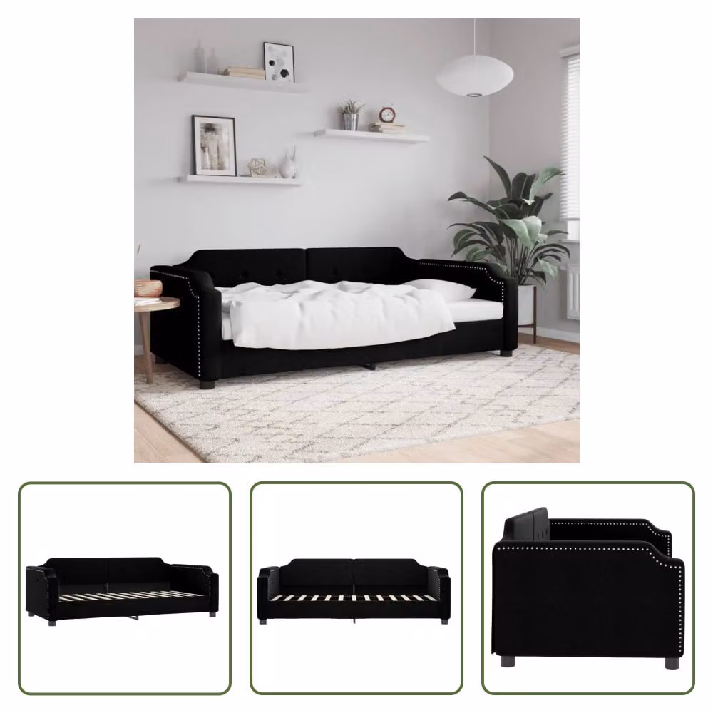 The Living Store Letto da giorno nero 90x200 cm tessuto