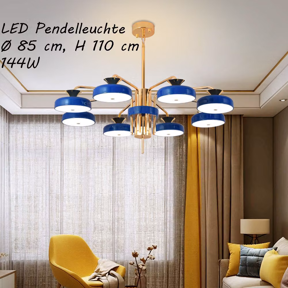Plafoniera LED XW816-8L con telecomando Colore della luce/luminosità regolabile Paralume in acrilico Montatura in metallo laccato blu/oro