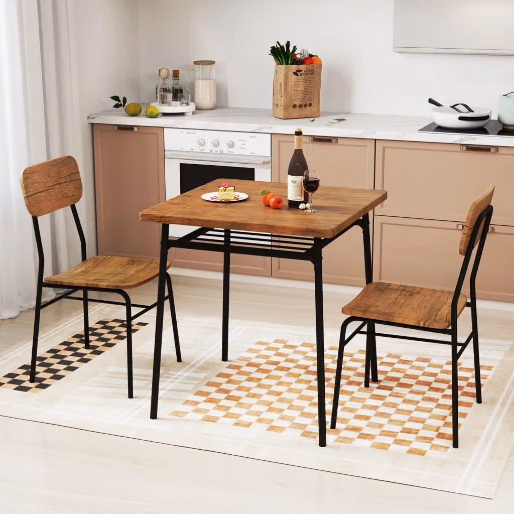 Set da pranzo composto da tavolo quadrato con scaffale e 2 sedie in MDF e metallo, colore marrone – 2