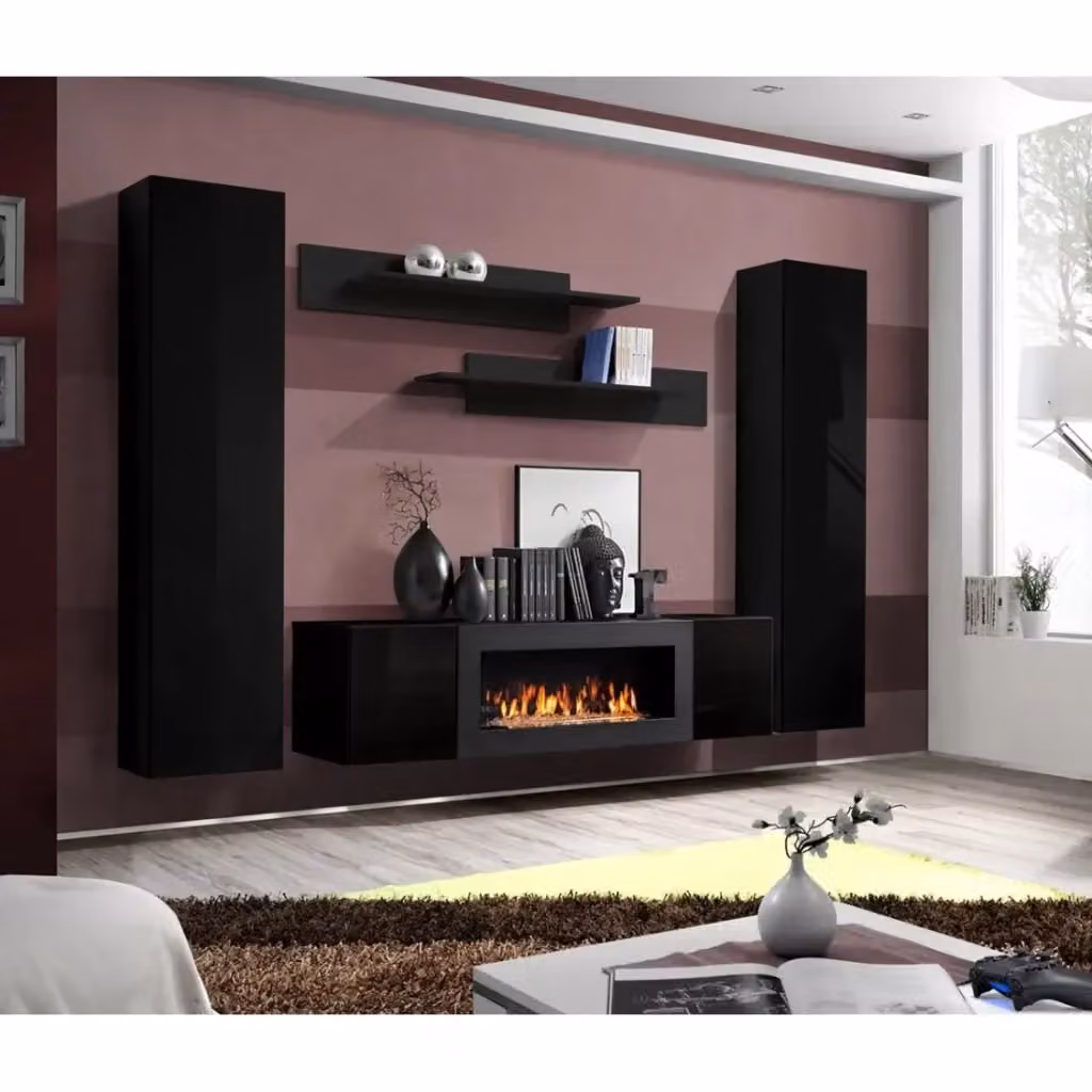 Set di mobili sospesi con camino decorativo collezione FLY M1 Meublorama colore nero – 2