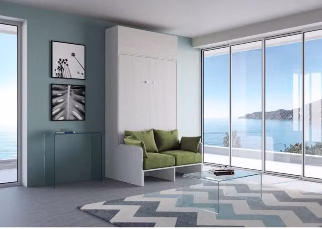 Letto a scomparsa una piazza e mezzo Kentaro ITAMOBY con divano e pensile, Verde e Bianco Frassino