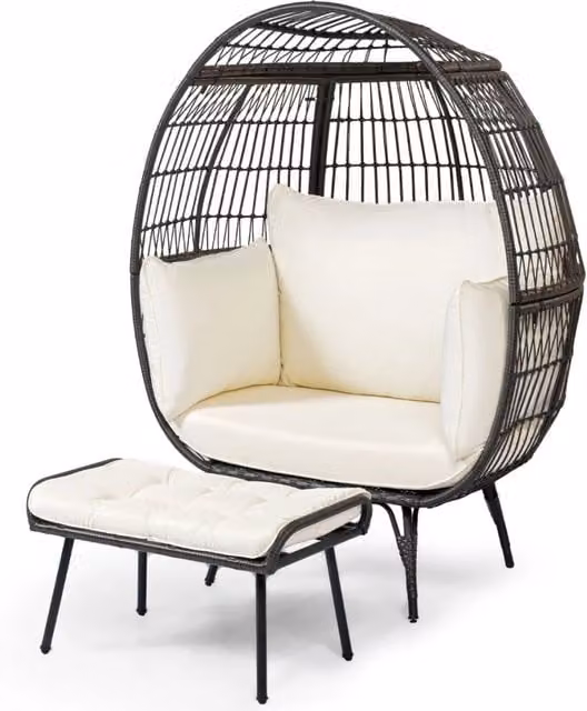 Poltrona uovo in rattan set da 2 pezzi di a cestino in rattan patio con cuscini morbidi, Poltrona a uovo con poggiapiedi Marrone scuro