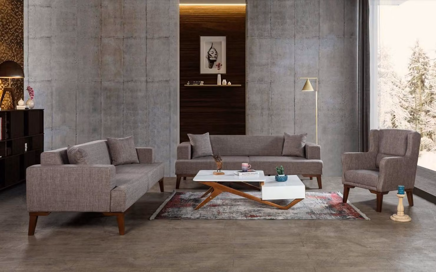 Luxus Möbel Sofagarnitur Couch Sofa Polster 3+3+1 Wohnzimmer Taupe Sofas Couchen