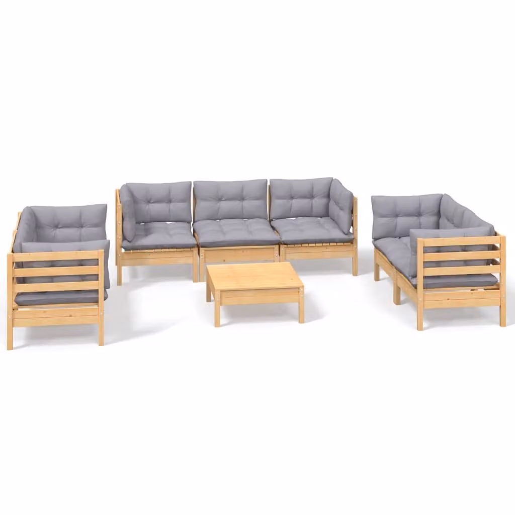 Set Divani da Giardino 8 pz con Cuscini Grigi Massello di Pino