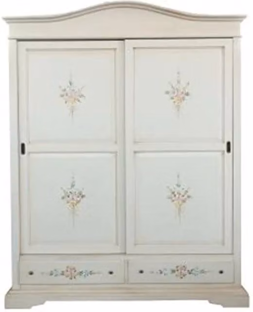 Armadio Shabby Chic KIVIO con 2 Ante Scorrevoli e Decoro Floreale Bianco Anticato L: 180 cm, P: 65 cm, H: 220 cm